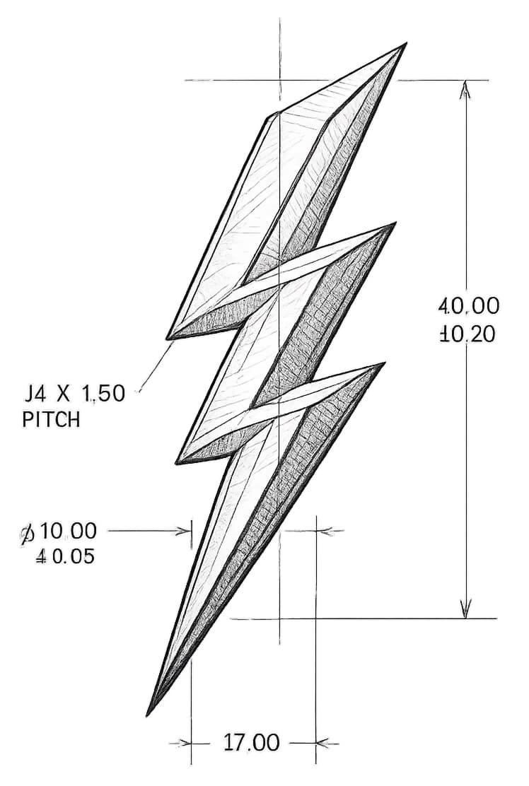 Technical drawing of a lightning bolt, dimensioned like a machined part